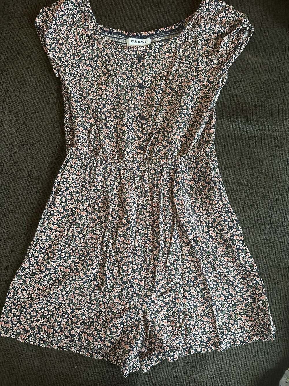 Girl’s Old Navy Floral Romper Size XL (14-16) Blue Pink Button Front Short Sleev